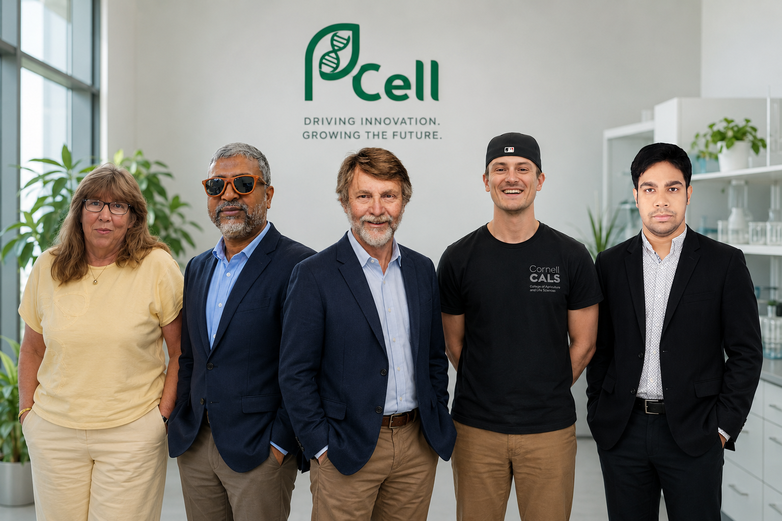 The PCell Bio team standing in front of the PCell logo wall