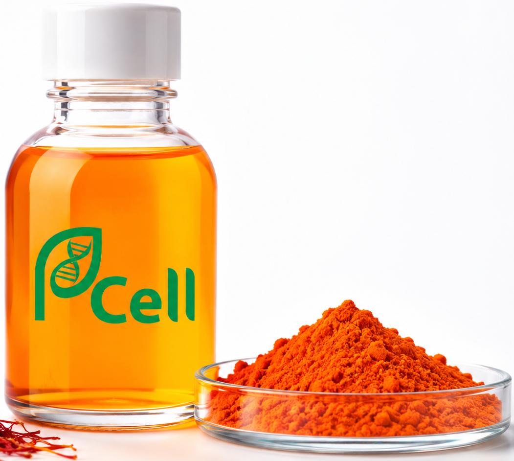 PCell branded amber bottle with crocin extract and petri dish of orange crocin powder