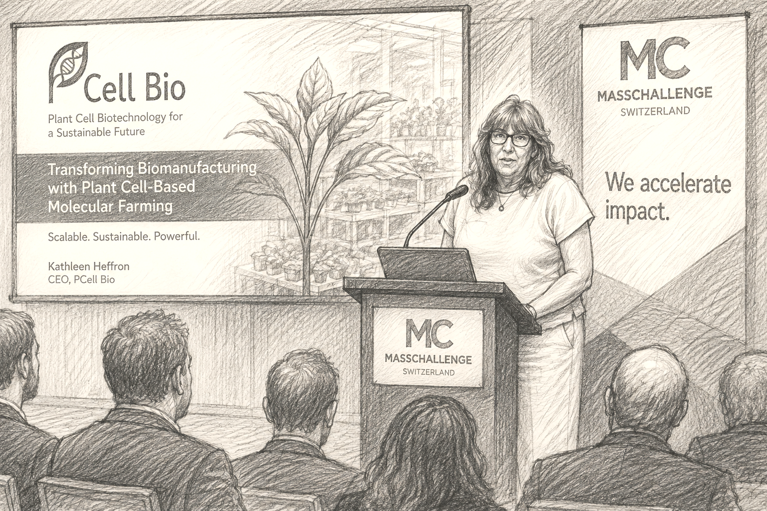 Sketch of PCell CEO Kathleen Heffron presenting at MassChallenge Switzerland